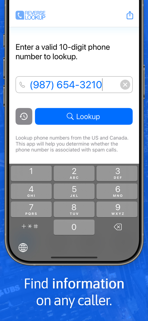 Reverse Lookup - Interface of the Reverse Lookup app displaying a phone number entry field and a numeric keypad for caller identification.