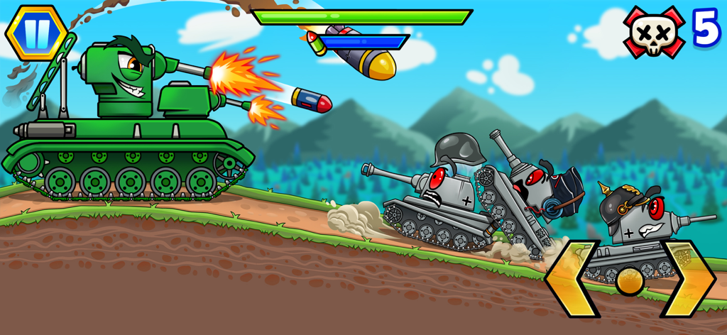 Un tanque de dibujos animados verde disparando a tanques enemigos en un juego de batalla 2D
