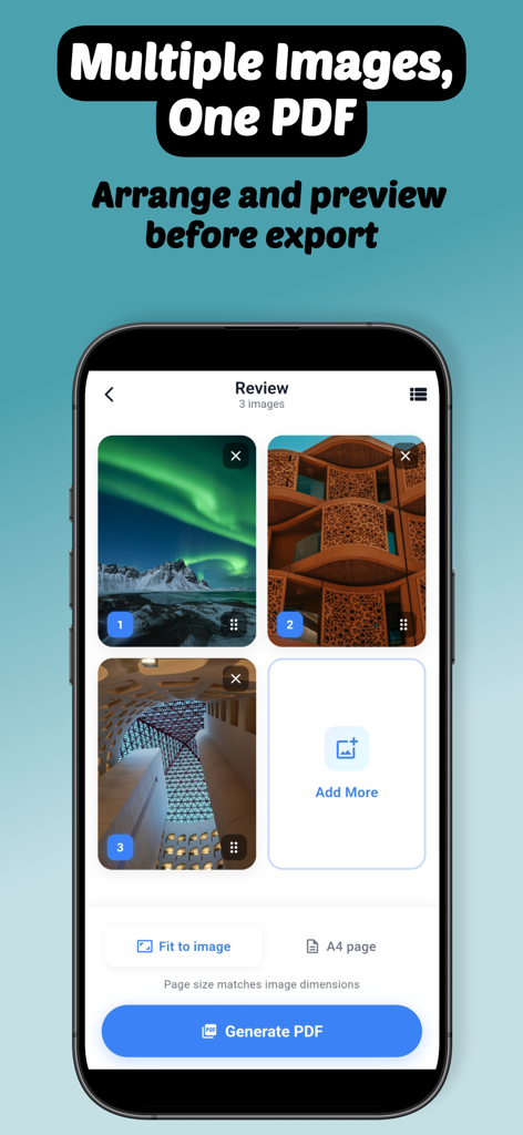 Convert to PDF - Image & Docx - Interface for arranging and previewing multiple images before converting them to a PDF file