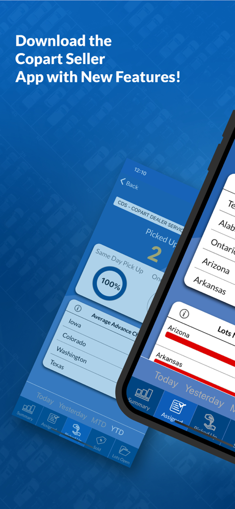 Copart Seller Mobile app showing vehicle pick-up metrics and salvage performance dashboards
