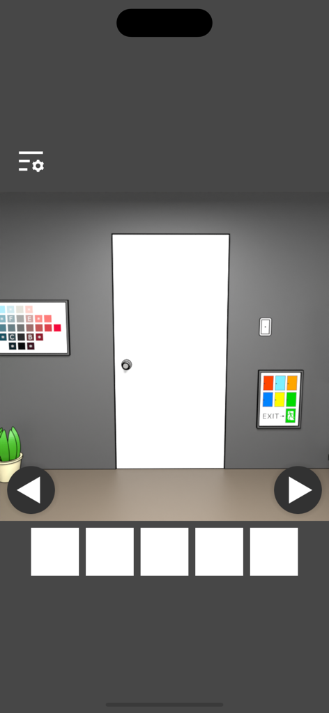 Una habitación minimalista en el juego Escape de la Sala de Pintura con una puerta blanca y puzles artísticos en la pared