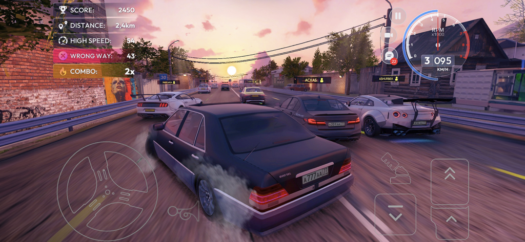 Racing cars on a village road at sunset in Traffic Racer Russian Village