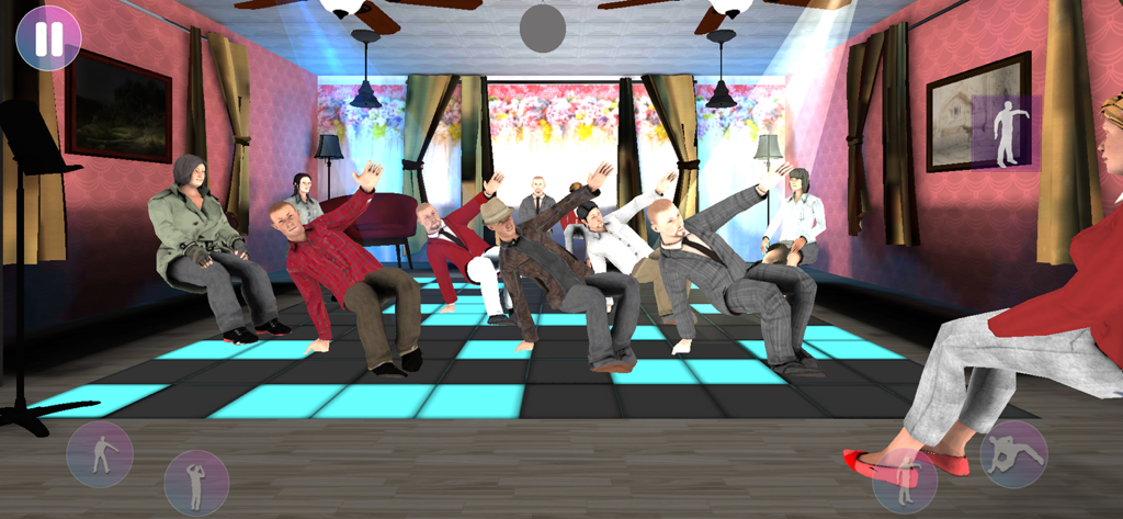 Grupo de avatares realizando un movimiento de baile sincronizado de hip hop en una pista de baile iluminada en una habitación rosa.