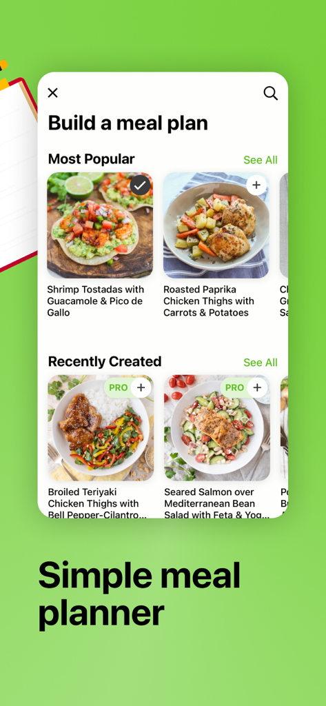 Benutzeroberfläche der Mealime-App mit dem Bildschirm „Essensplan erstellen“ und verschiedenen gesunden Rezeptoptionen wie Garnelen-Tostadas und Paprika-Hähnchen