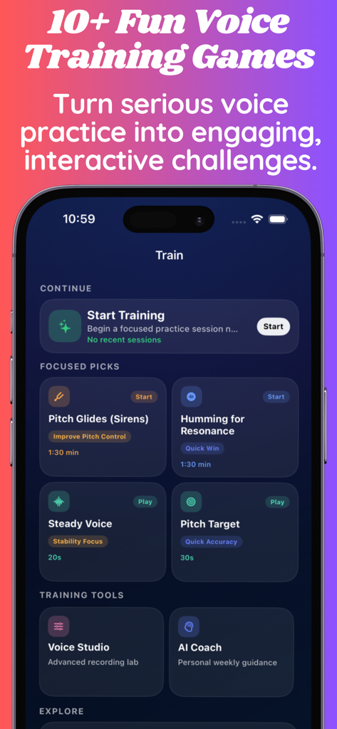 DeepVoice: AI Voice Coach - DeepVoice app screen showing interactive voice training games and exercises like Pitch Glides and Humming for Resonance