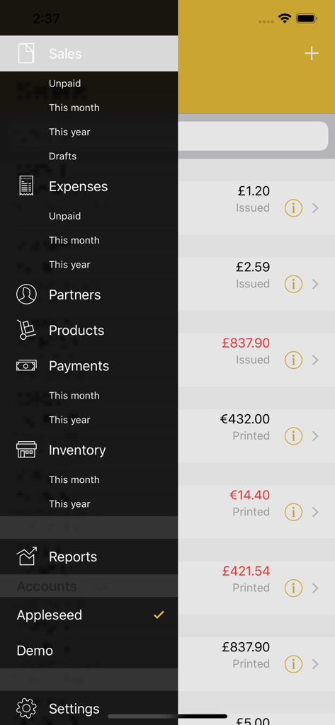 MyInvoice - Sidebar menu of the MyInvoice app displaying business categories like sales expenses and inventory