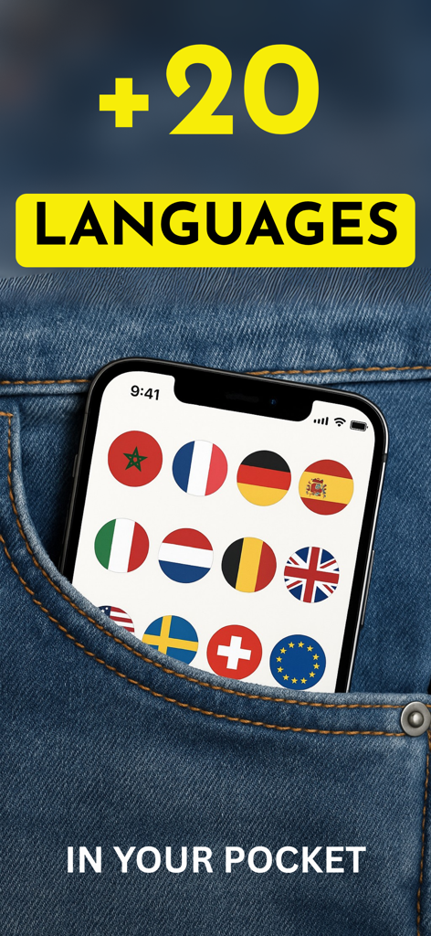 Smartphone in a pocket displaying flags of over 20 languages for the MoroAI translation app