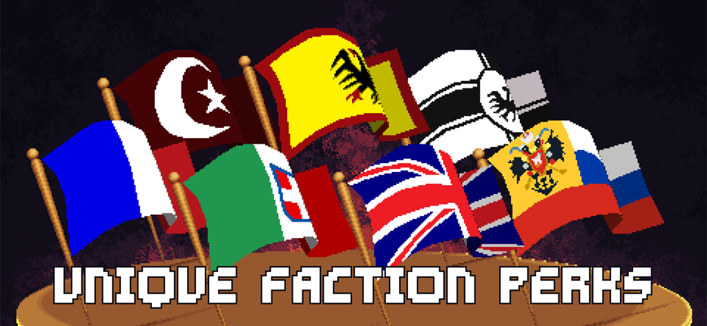 Pixel art retrô de bandeiras nacionais da Primeira Guerra Mundial com o texto Unique Faction Perks para o jogo To The Trenches
