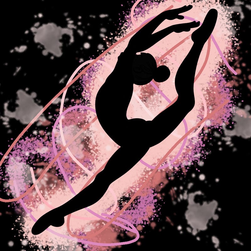 gymnast doing a leap in a leotard with a bent back leg