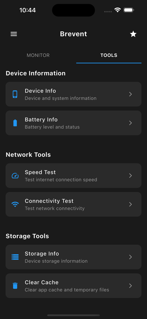 Brevent - A interface de ferramentas do aplicativo Brevent exibindo informações do dispositivo, testes de velocidade de rede e análise de armazenamento em uma interface de modo escuro.
