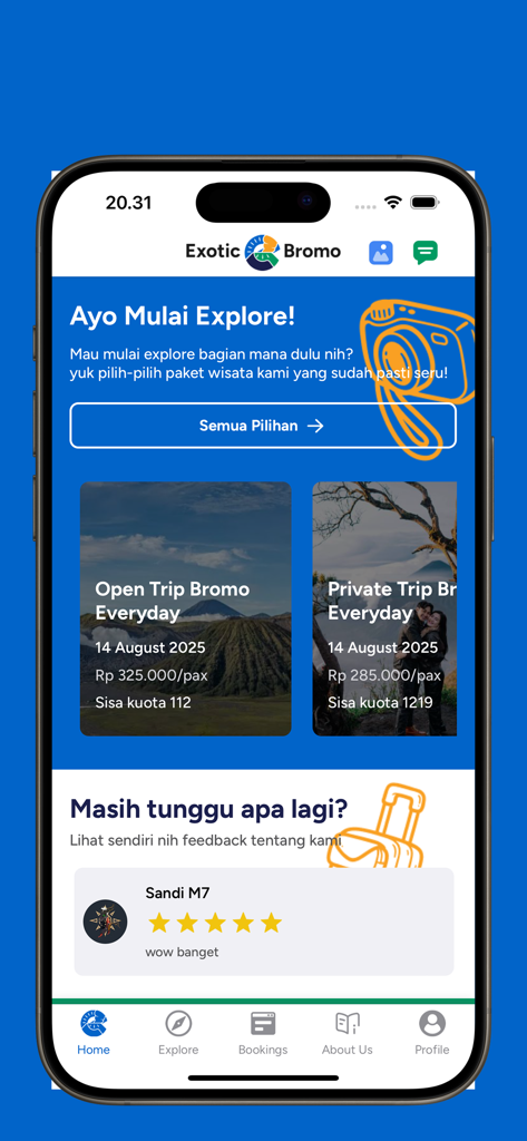 Exotic Bromo travel app home screen showing tour booking options for Mount Bromo and user reviews