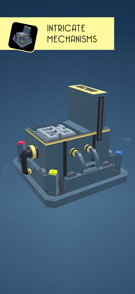 A 3D blue mechanical puzzle box with buttons and levers from the game Tiny Machinery Lost Reality.