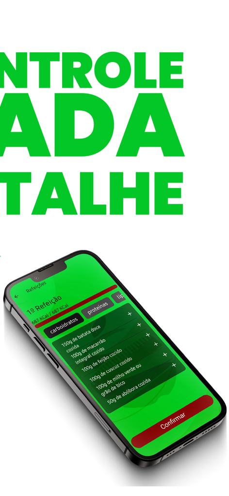 Emagrece Fácil - Emagrece Facil mobile app screen showing meal planning and calorie tracking with food portion details in Portuguese.