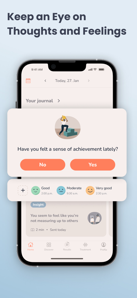 MindDoc app interface showing daily mood logs and a reflection prompt asking about feelings of achievement