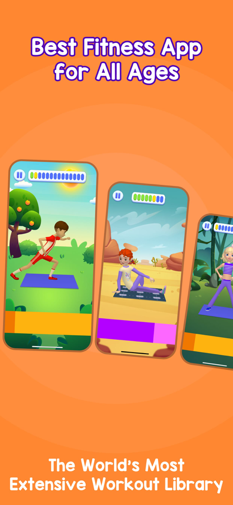 Three smartphone screens showing animated characters performing fitness exercises in the MentalUP app.
