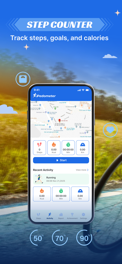 Interfaccia mobile dell'app Walk Log che mostra passi, calorie e monitoraggio della mappa per le attività di fitness.