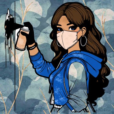 realistic girl with mask spray painting a wall