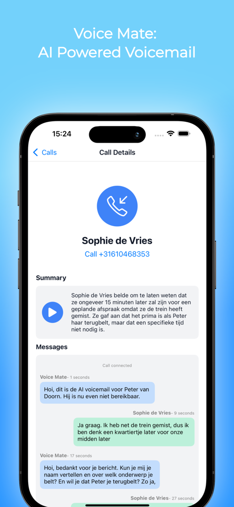 Voice Mate - AI Voicemail - Voice Mate app interface showing an AI generated summary and transcription of a voicemail call