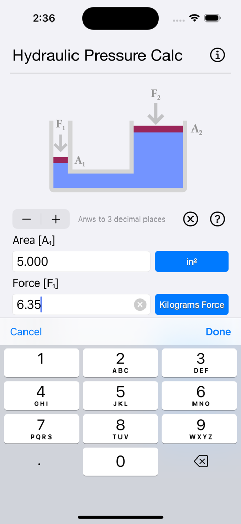 Hydraulic Pressure Calculator - Hydraulic Pressure Calculator interface showing piston diagram and input fields