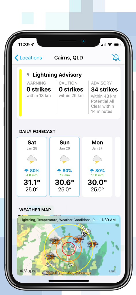 WeatherSentry mobile app interface showing a lightning advisory daily forecast for Cairns and an interactive weather map with lightning strike layers.