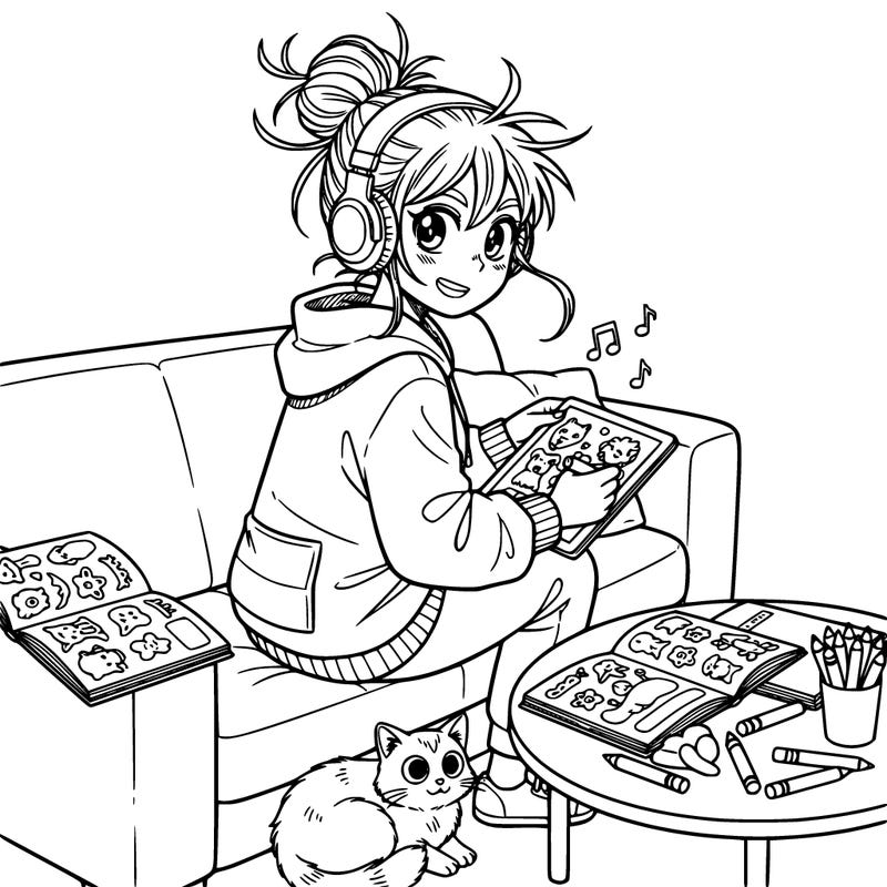 cozy girl with inattentive adhd coloring on the couch listening to music