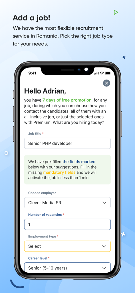 bestjobs - Pantalla de smartphone que muestra el formulario de agregar un empleo para empleadores en la aplicación de reclutamiento bestjobs