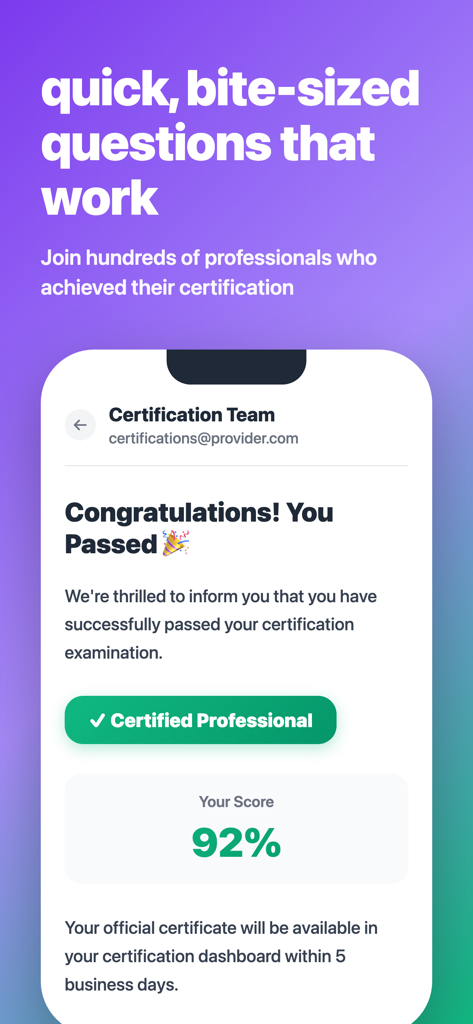 Uma captura de tela do aplicativo AI-102 Azure AI Engineer exibindo uma pontuação de exame bem-sucedida de 92% e uma notificação de aprovação na certificação