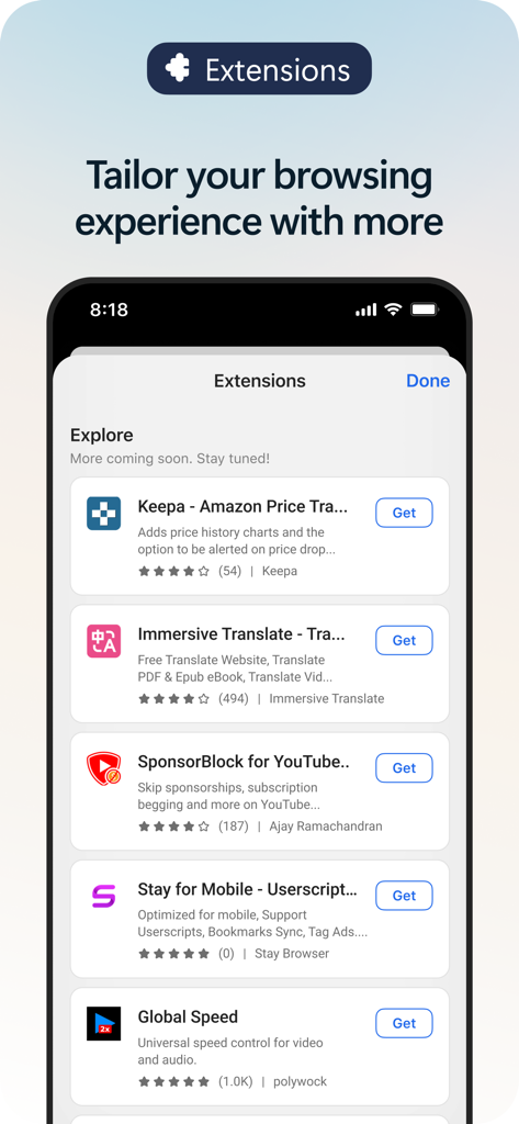 Microsoft Edge mobile app extension library interface.