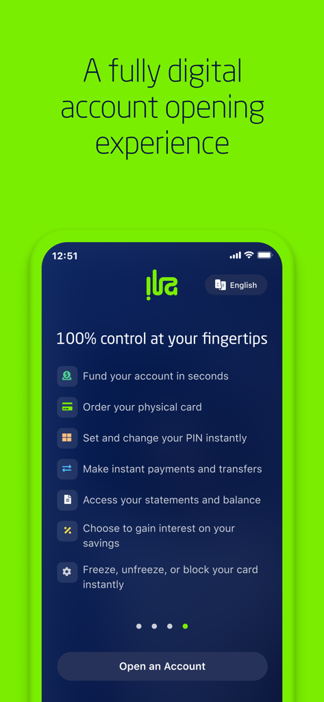 ila Bank mobile app interface showcasing digital account opening and a list of financial management features.