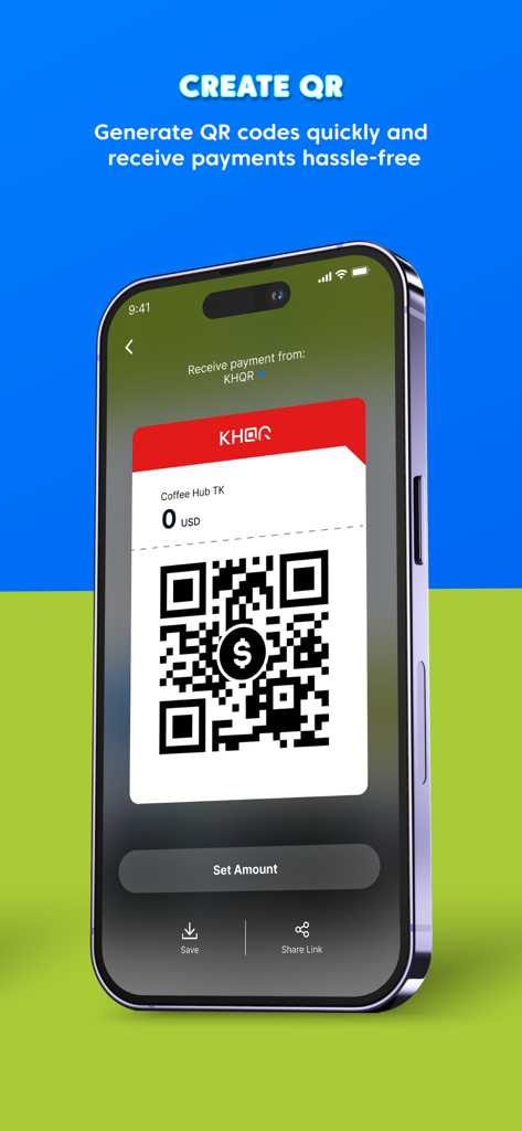 Wing Merchant - Screenshot of Wing Merchant app showing the creation of a KHQR code for receiving business payments.