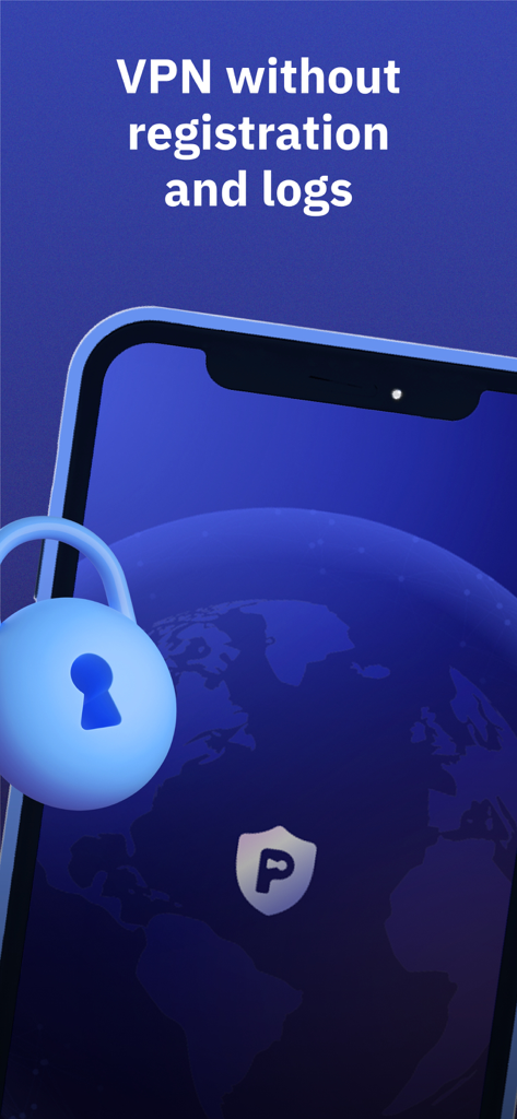 Private VPN Proxy - Easy Start - Smartphone screen showing Private VPN Proxy text for no registration and no logs with a blue padlock icon
