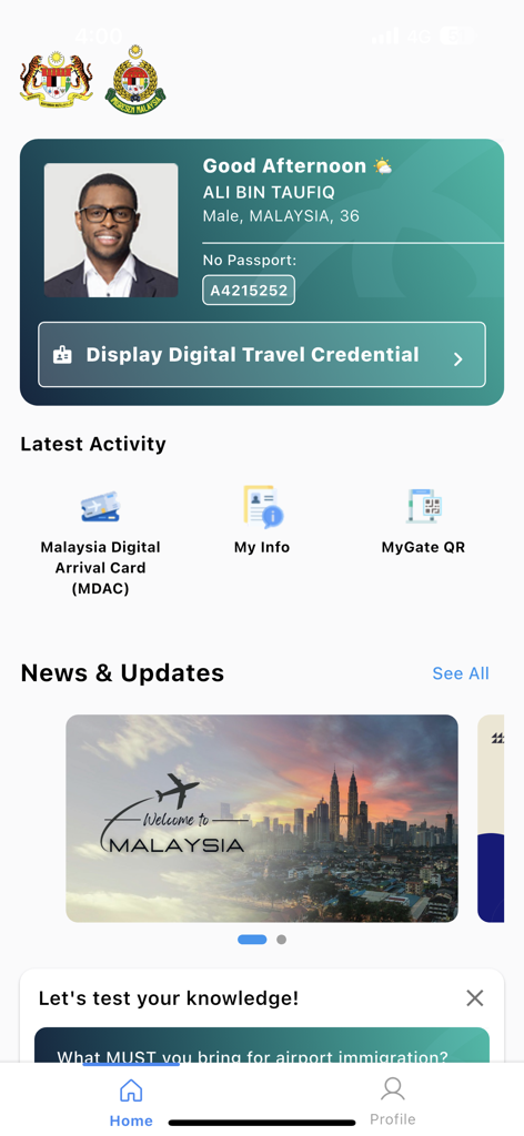 MyNIISe - The home screen of the MyNIISe app displaying a user profile, digital travel credentials, and quick links to Malaysian immigration services like MDAC.
