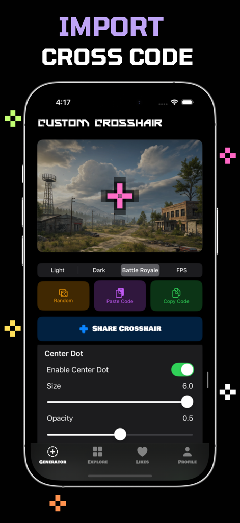 Custom Crosshair - Pantalla del generador de la aplicación Mira Personalizada que muestra opciones de importación de mira y configuración de personalización del punto central
