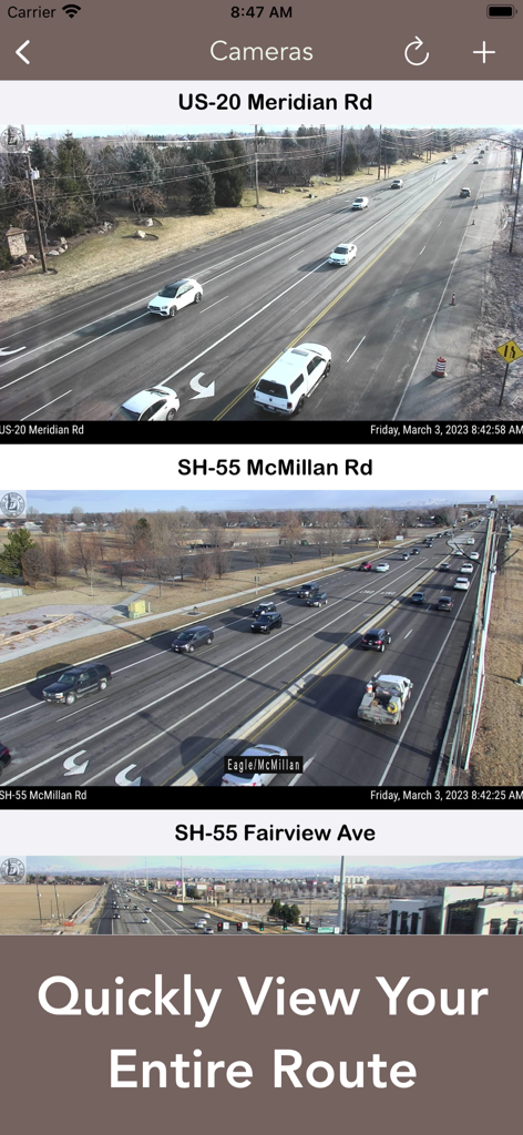 Captura de pantalla de la aplicación Idaho 511 que muestra transmisiones de cámaras de tráfico en vivo de las condiciones de la carretera US-20 y SH-55