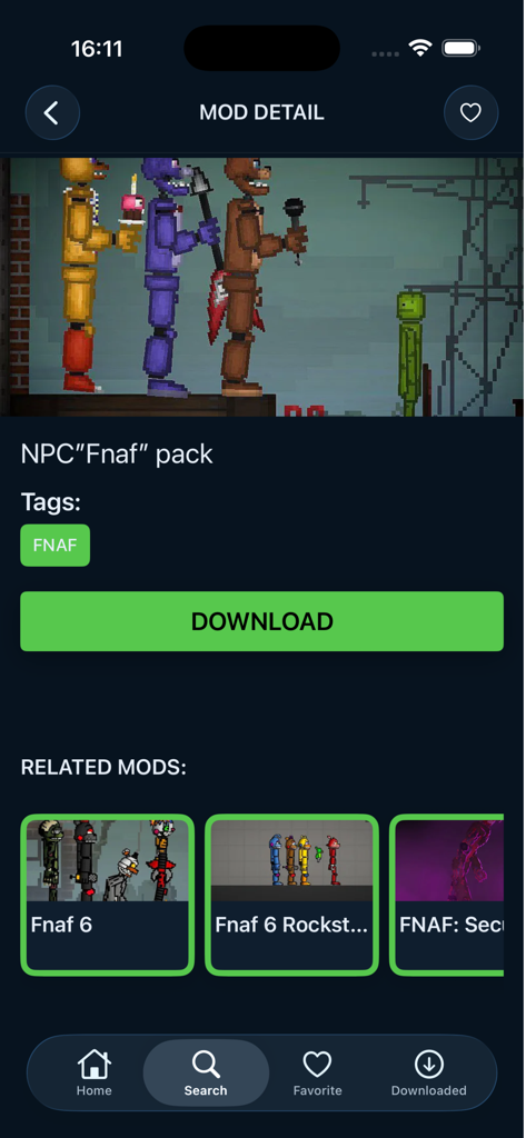 Interface of the Mods For Melon Playgrounds app showing an NPC Fnaf pack with a large green download button and related horror game mods.