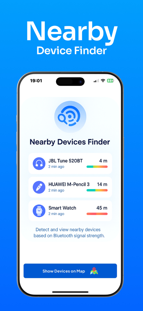 BlueX app interface showing nearby bluetooth devices with signal strength and distance indicators