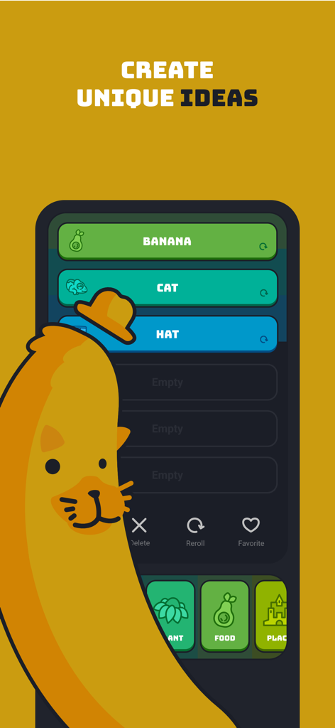 A random art prompt generator interface from the Creo app featuring a whimsical banana cat illustration.