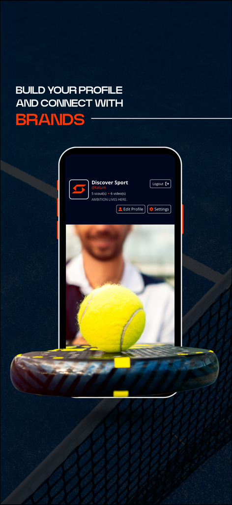 Discover Sport - Athlete profile interface in Discover Sport app to connect with brands and scouts.