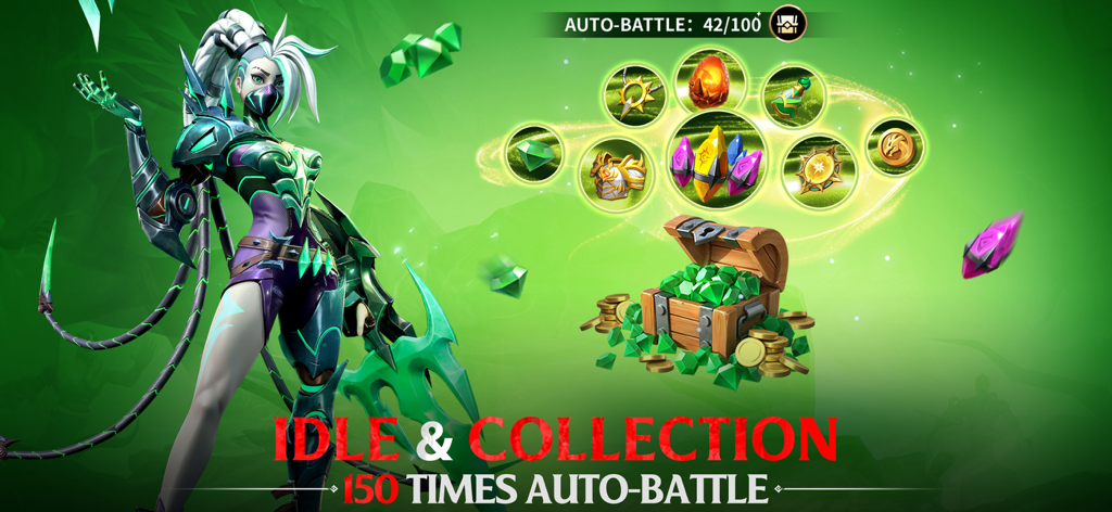 Infinite Magicraid hero standing next to a treasure chest full of gems illustrating idle and auto battle features