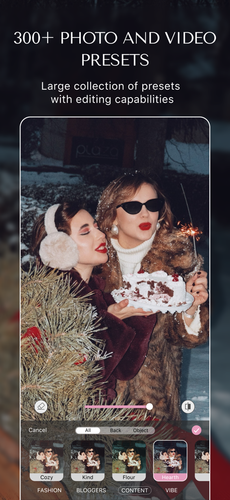 MalibooMake - Interface do aplicativo MalibooMake mostrando uma foto de estilo de vida de inverno com várias predefinições de edição e uma grande coleção de filtros