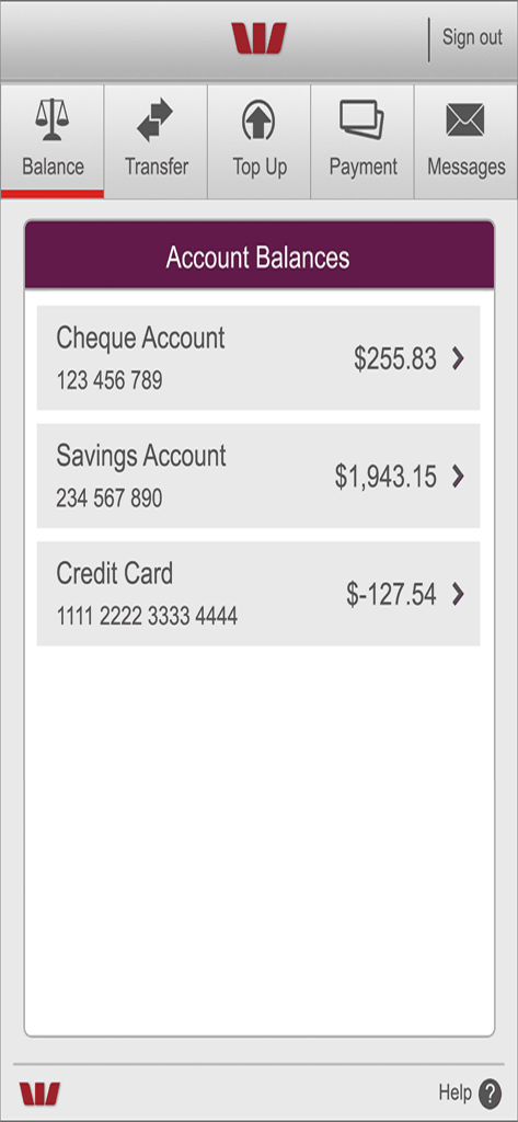 Account balances screen in the Westpac Fiji Mobile Banking app showing cheque and savings accounts