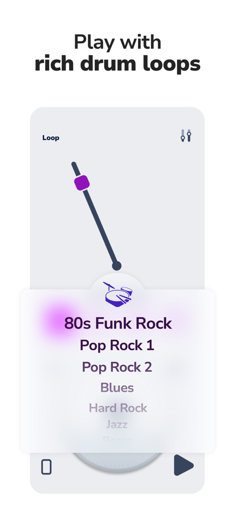 Metronome Beats : Drum Loops - Interface of the Metronome Beats app showing a selection of drum loops like 80s Funk Rock and Pop Rock for musical practice.