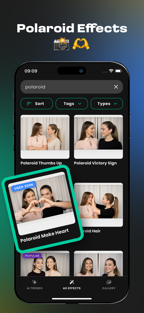 Wiro AI mobile app screen displaying various polaroid photo effect templates for AI-generated images.