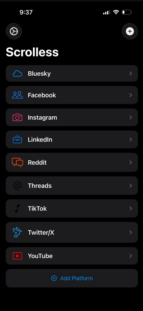 Scrolless Feed Blocker - A screenshot of the Scrolless app interface showing a list of social media platforms like Instagram, Facebook, and Reddit that can be managed to block feeds.
