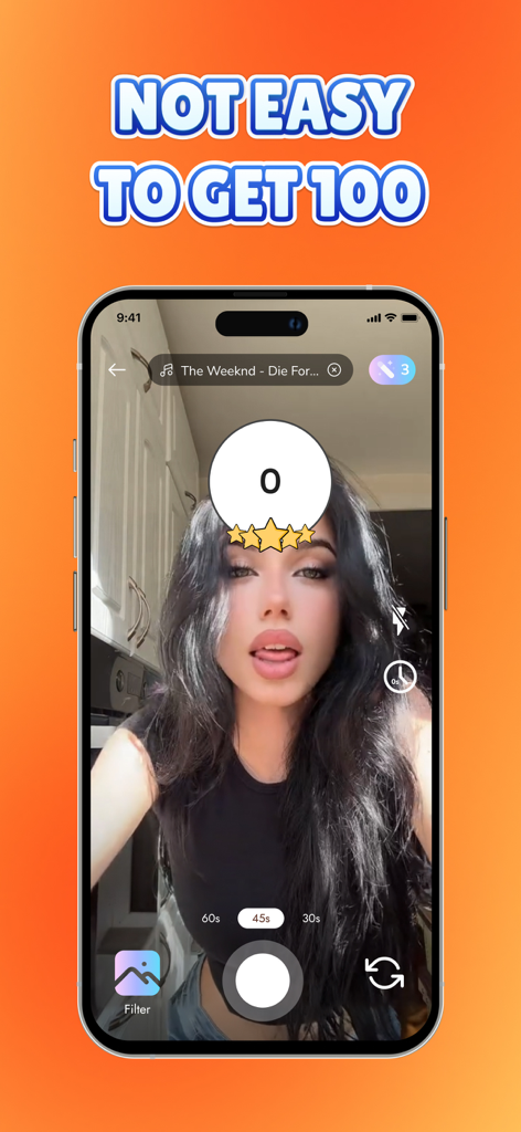 A young woman using a selfie filter quiz on her smartphone with a score tracker