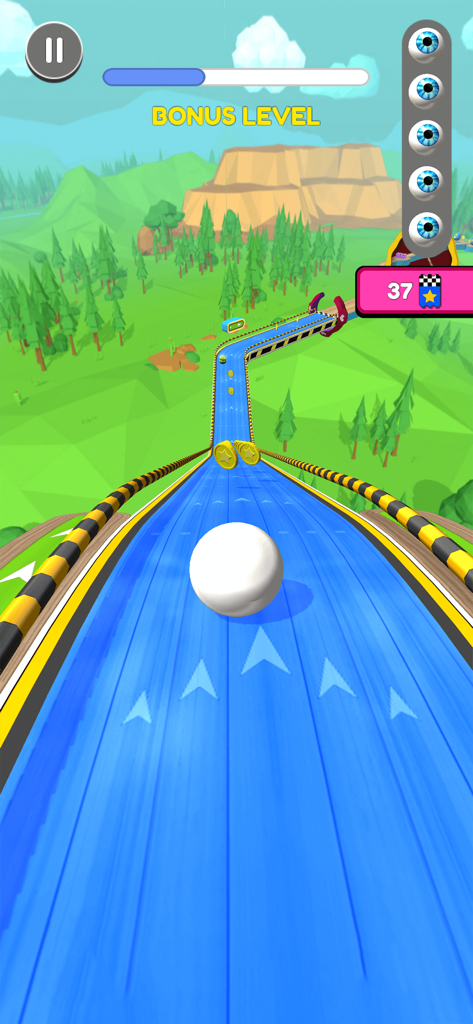 A white ball rolling down a fast blue track in a bonus level of Going Balls