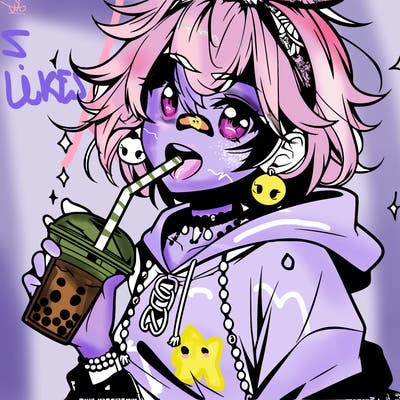 hot baddie anime girl drinking boba and biting the straw