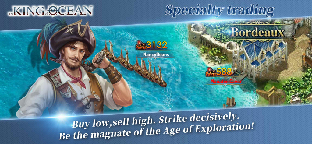 The King Of Ocean - 海賊船団とボルドーの沿岸都市の隣に立つ海賊船長のキャラクター（海洋戦略ゲーム）
