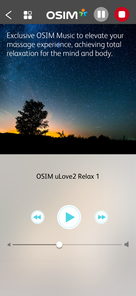 OSIM uLove 2 - OSIM uLove 2 app music player interface showing a starry night background and controls for the Relax 1 wellness program.