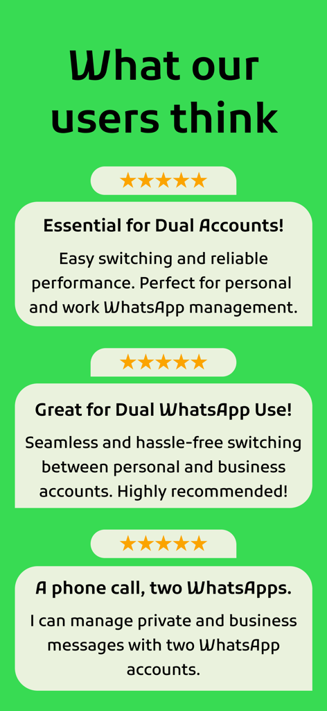 Whats Second Messenger 웹 앱의 듀얼 계정 관리에 대한 별 다섯 개 리뷰를 보여주는 사용자 평가.